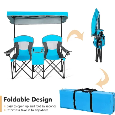 Double Camping Chair W/Shade Canopy 2-Person Folding Camp and Beach Chair with Mini Table Beverage Cup Holder Carrying Bag