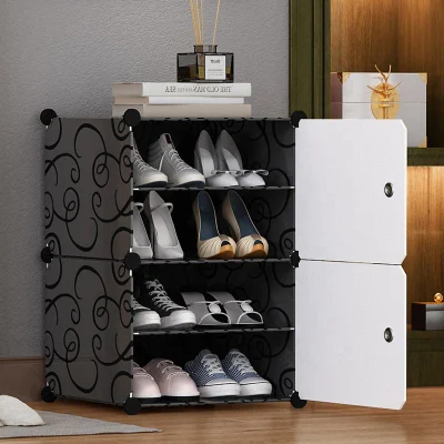  Plastic Multi-Use 4 Tier Shoe Rack with Doors Small Shoe Storage Cabinet