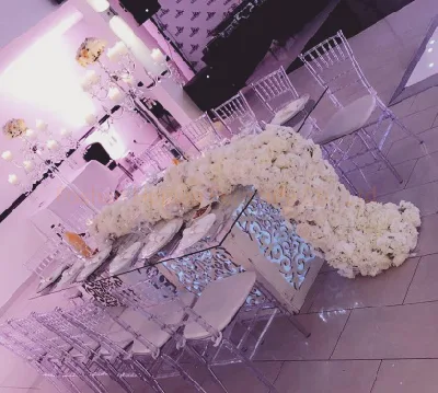 Wedding Event Resin White Clear PC Acrylic Crystal Chiavari Ghost Infinity Tiffany Removed Seat Phoenix Chair Glass Top LED 1+6 Square Dining Table Chair