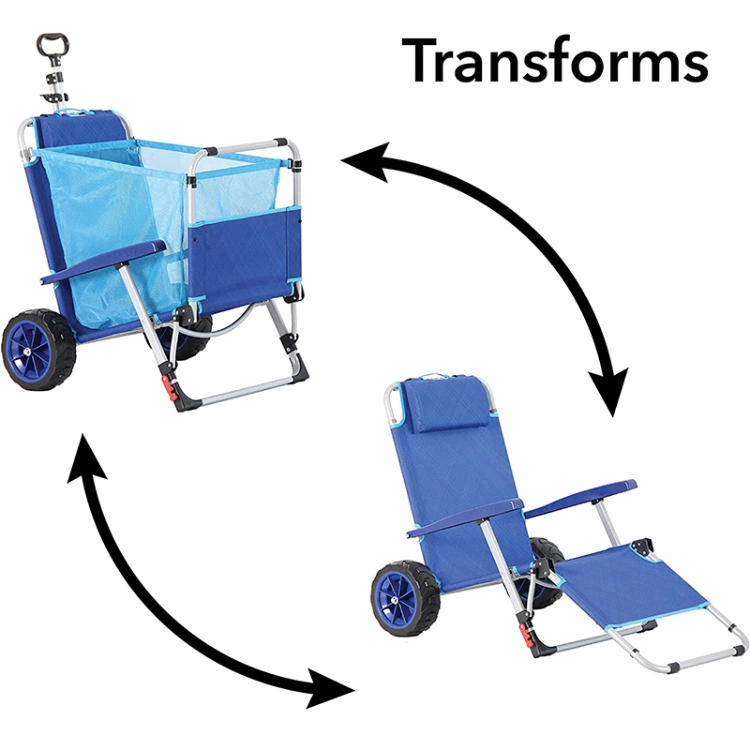 Foldable Chaise Lounge Chair with Integrated Wagon Pull Cart Combination and Heavy Wheels