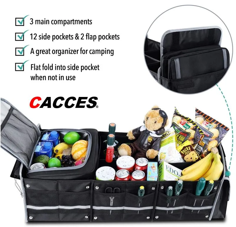 Cacces In004tb Collapsible Waterproof Trunk Organiser with Insulated Leakproof Cooler Bag, Foldable Cover, Securing Straps 3-in-1 Multi-Use Heavy Duty Car Boot