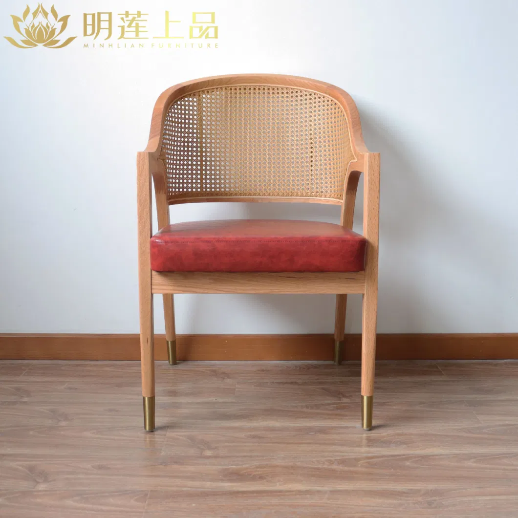 Modern Design Solid Wood Dining Chair Red PU Leather Upholstered Rattan Weaving Dining Room Furniture Restaurant Furniture Cafe Furniture Wooden Chair