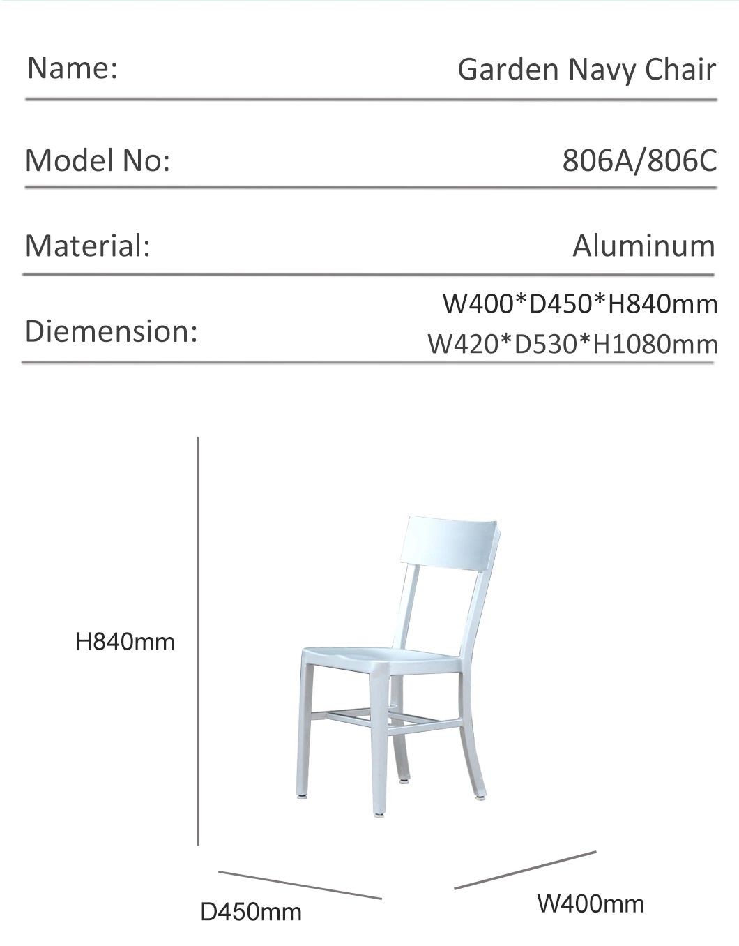 Simple Outdoor Aluminum Metal Industrial Dining Chair for Garden Furniture