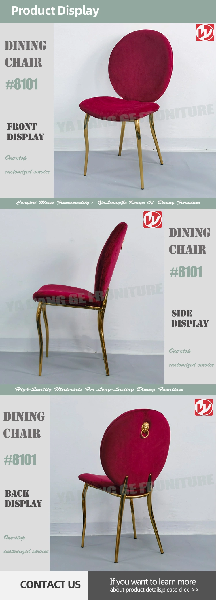 Qatar High-End Luxury Design Red Nordic Velvet Dining Chair Stainless Steel Lion Ring Gold Wedding Chair