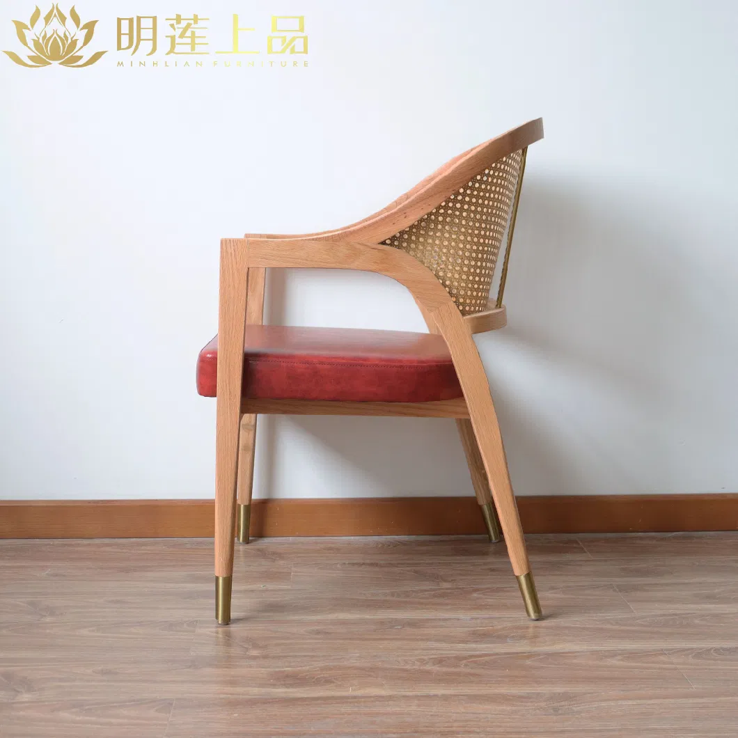 Modern Design Solid Wood Dining Chair Red PU Leather Upholstered Rattan Weaving Dining Room Furniture Restaurant Furniture Cafe Furniture Wooden Chair
