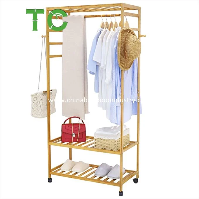 Multifunctional Bamboo Clothing Rack Wooden Garment Rack with Lockable Wheels and 4 Hooks