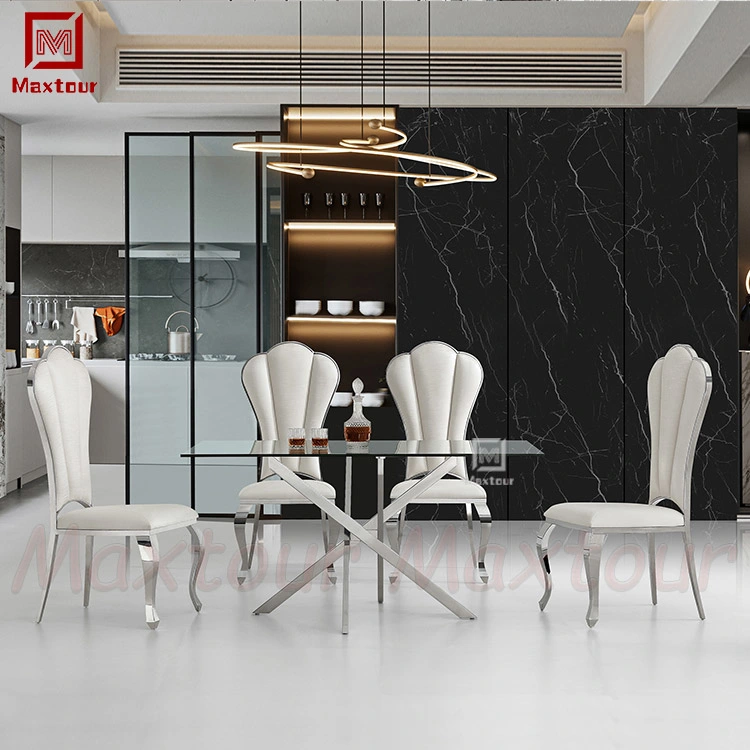 Wholesale Luxury Dining Table Set with Tempering Glass Top and 6 White Dining Chairs Stainless Steel Chrome Dining Table