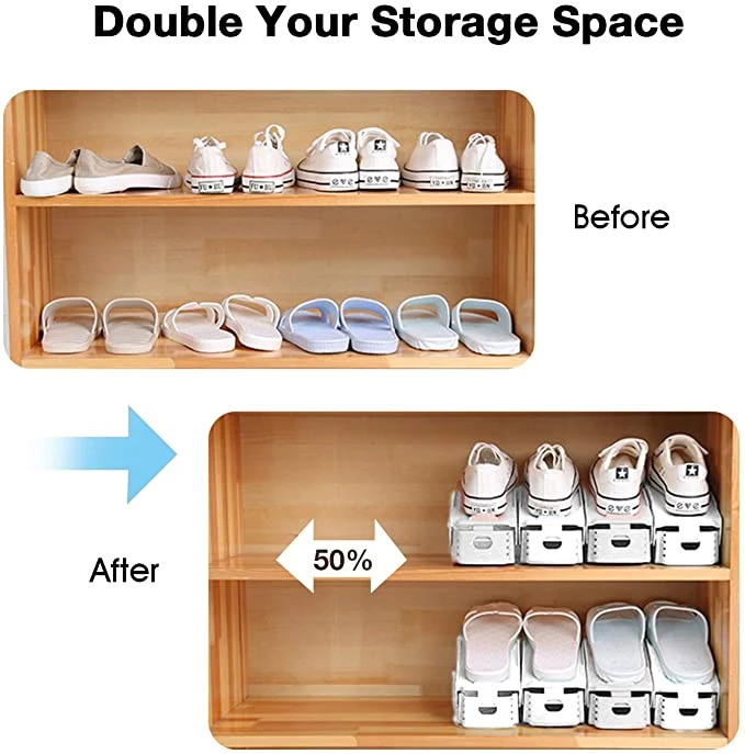 Shoe Slots Organizer, 10PCS Adjustable Double Layer Stack Shoe Rack, 50% Space-Saving Storage Rack Holder