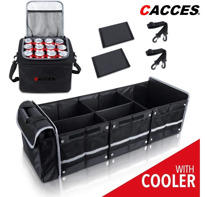 Cacces In004tb Collapsible Waterproof Trunk Organiser with Insulated Leakproof Cooler Bag, Foldable Cover, Securing Straps 3-in-1 Multi-Use Heavy Duty Car Boot