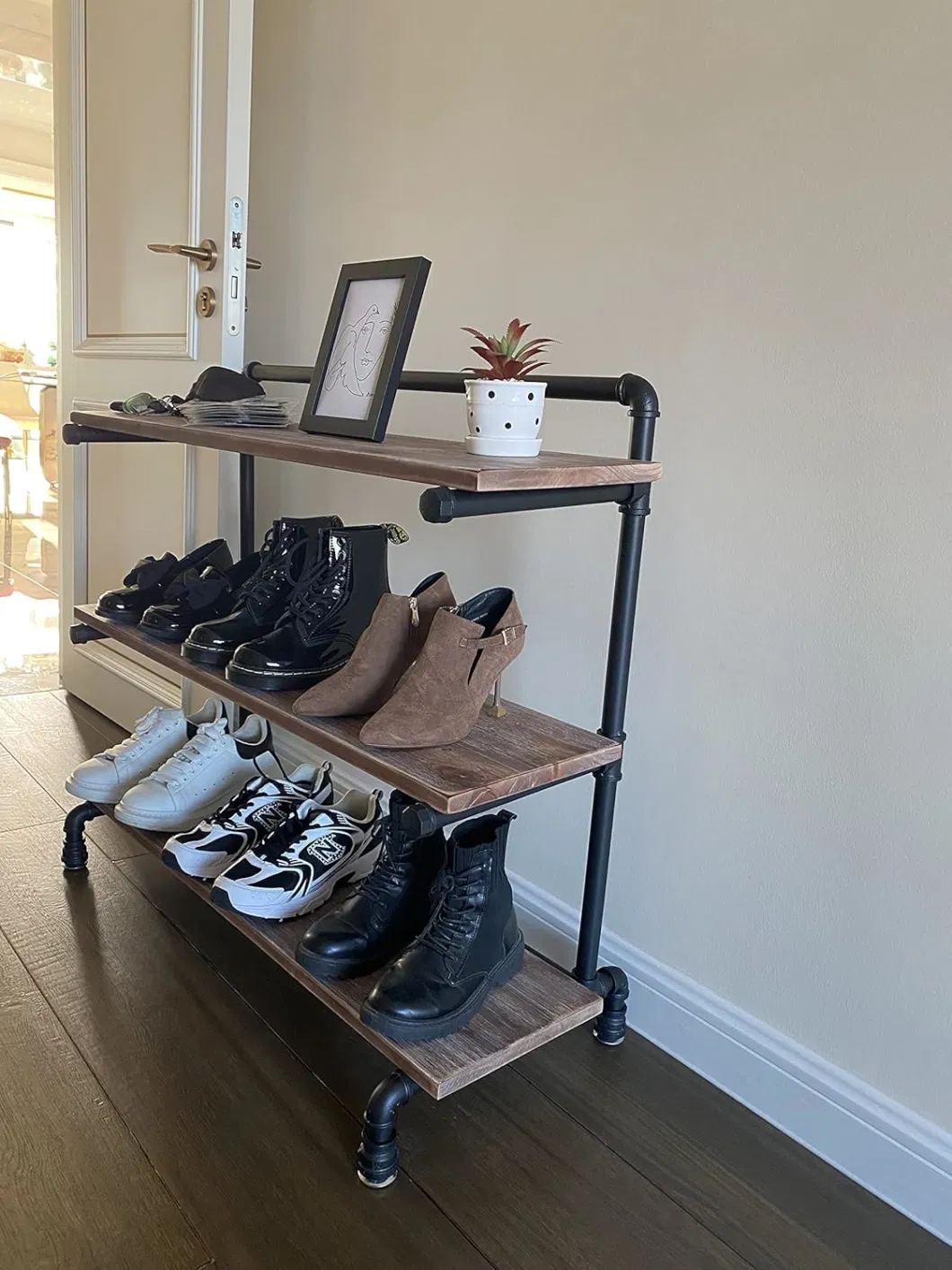 Shoe Rack Entryway with Solid Wood Planks and Industrial Metal Pipes Shoe Rack for Closet Free Standing Shoe Racks