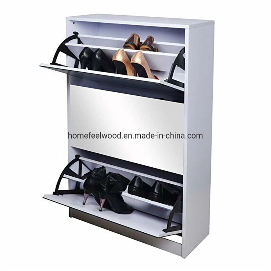 White Wood Effect Space Saving Shoe Storage Cabinet with Mirror (HF-AM3201)