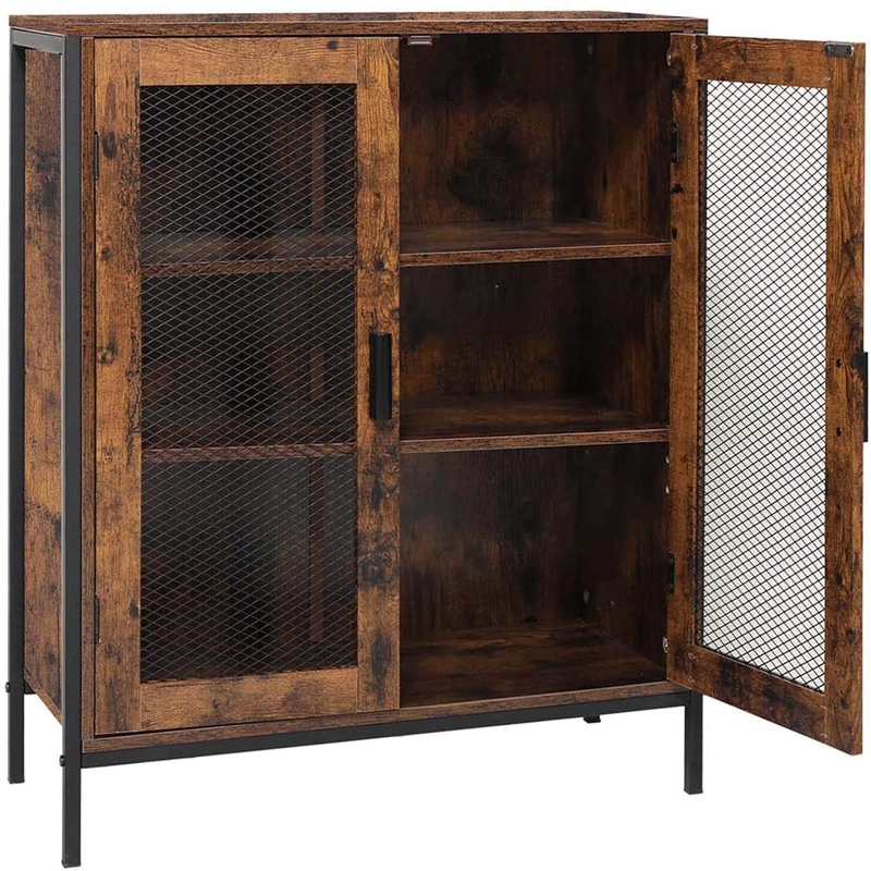 Living Room with Three Compartments Brown Floor-Standing Mesh Storage Cabinet 0228