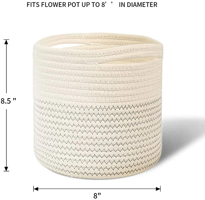 Collapsiable Cotton Rope Woven Storage Basket with Hidden Handle for Plant in Livingroom