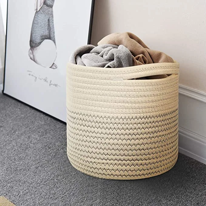 Collapsiable Cotton Rope Woven Storage Basket with Hidden Handle for Plant in Livingroom