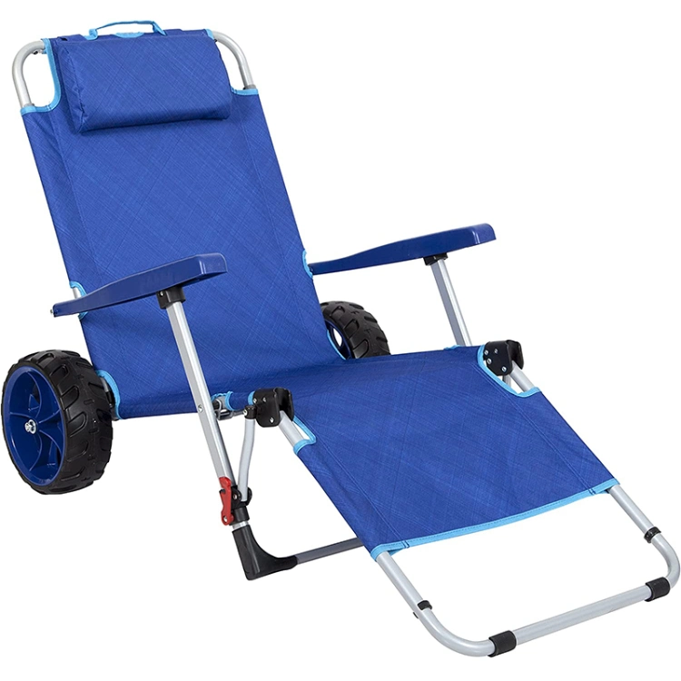 Foldable Chaise Lounge Chair with Integrated Wagon Pull Cart Combination and Heavy Wheels