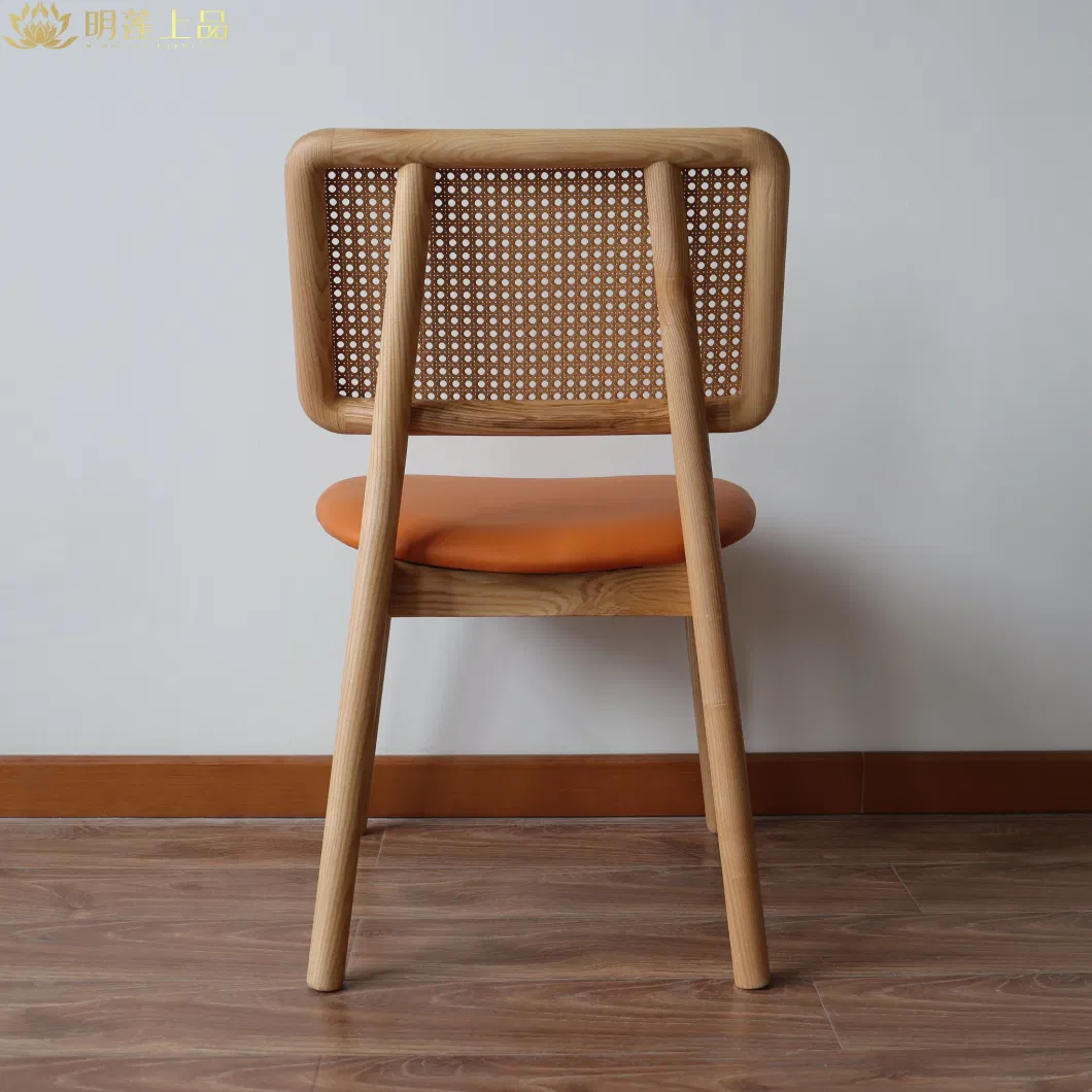 Modern Design Solid Wood Cafe Chair Dining Room Furniture Orange Leather Upholstered Chair Rattan Weaving Wooden Chair