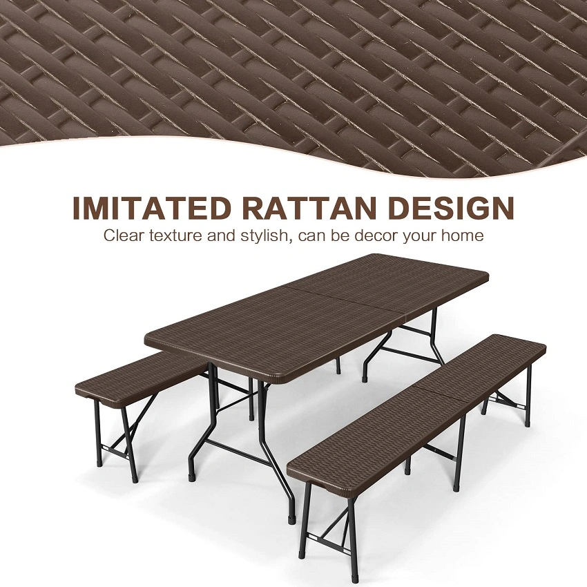 Garden Patio Brown Imitated Plastic Rattan Long Folding Table for Event Party