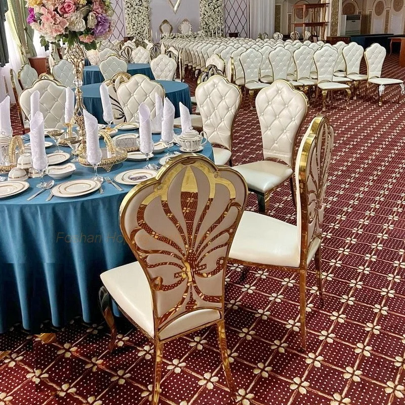 Classic Hotel Banquet Silla Stainless Steel Luxury Golden Stacking Round Back Metal Restaurant Wedding Banquet Chiavari Dining Room Table Furniture Chair