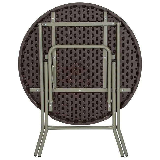 Brown Rattan Design Garden Leisure Portable HDPE Plastic Round Panel Folding Bar Table