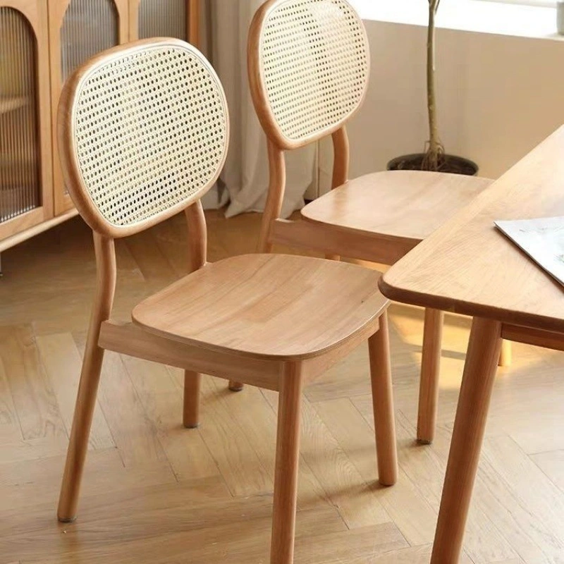 Retro Pastoral Style Nordic Wood and Rattan Dining Chairs for Outdoor Porch