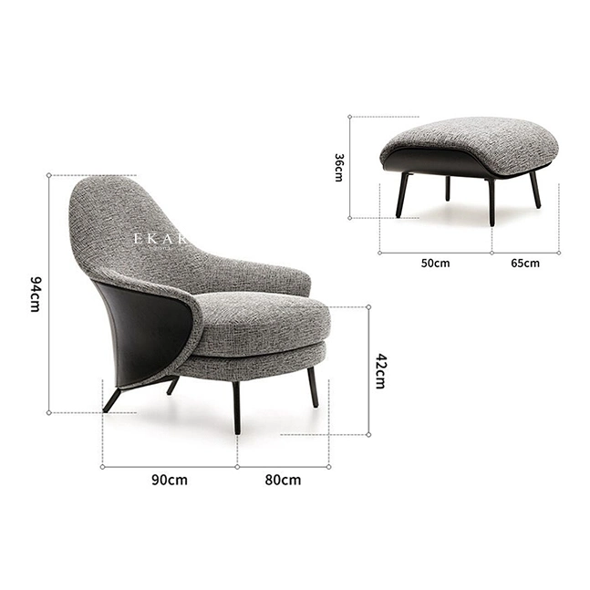 Modern Leisure Hard Leather and Fabric with Stainless Steel Legs and Foot Stool Armchair