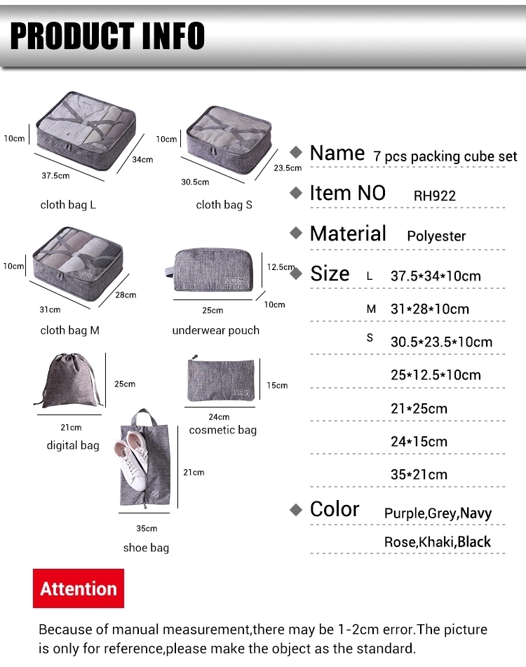 Traveling 7 Packing Cubes Luggage Organizers with Laundry Shoe Underwear Bags