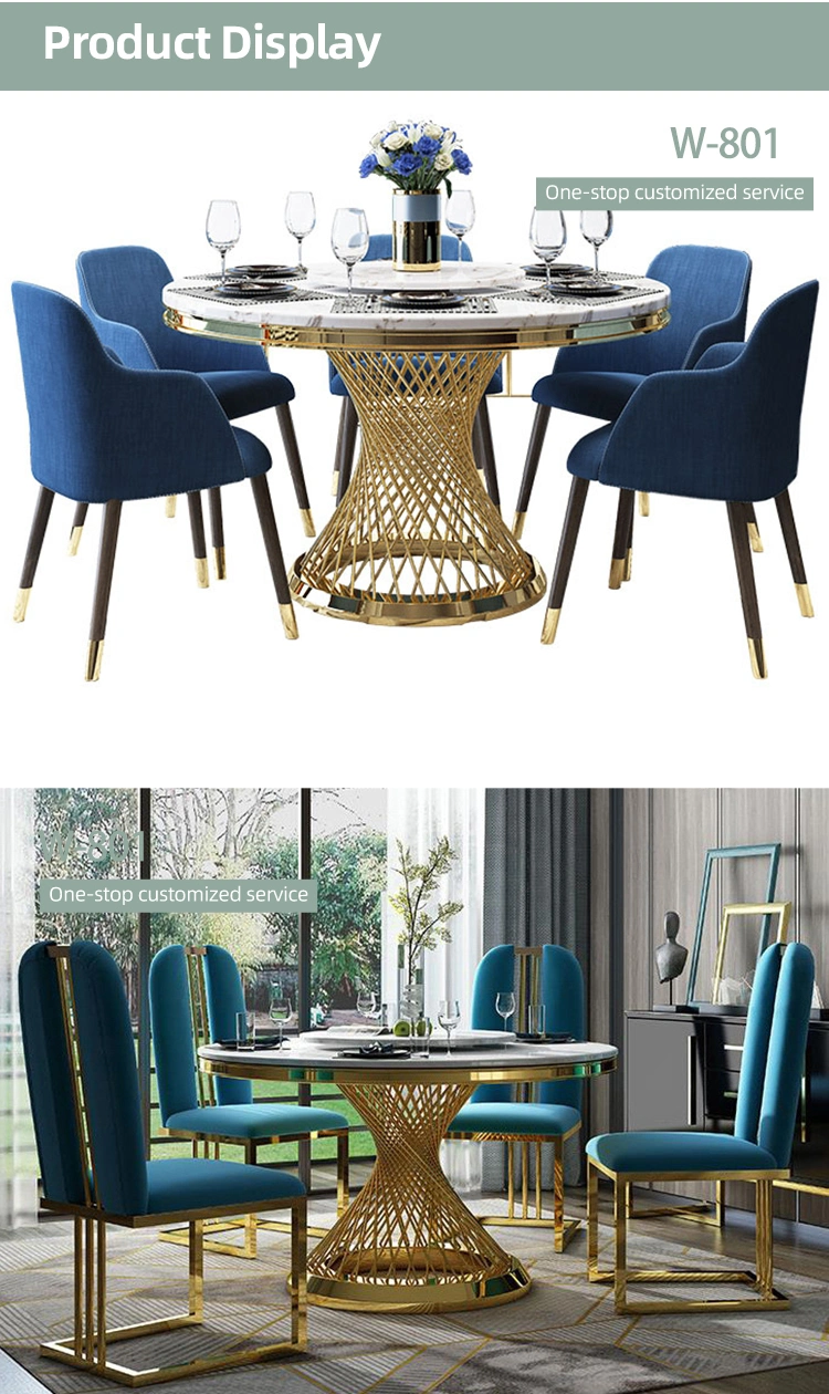 Modern Dining Room Furniture Set with Dining Chairs Round Mirror Glass Marble Stone Top Kitchen Dining Table