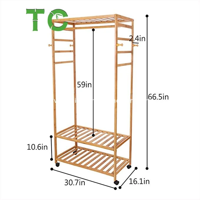 Multifunctional Bamboo Clothing Rack Wooden Garment Rack with Lockable Wheels and 4 Hooks