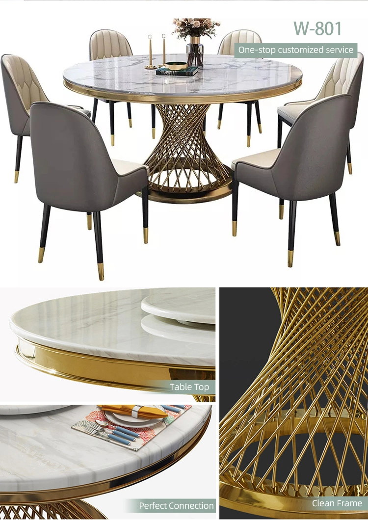 Modern Dining Room Furniture Set with Dining Chairs Round Mirror Glass Marble Stone Top Kitchen Dining Table