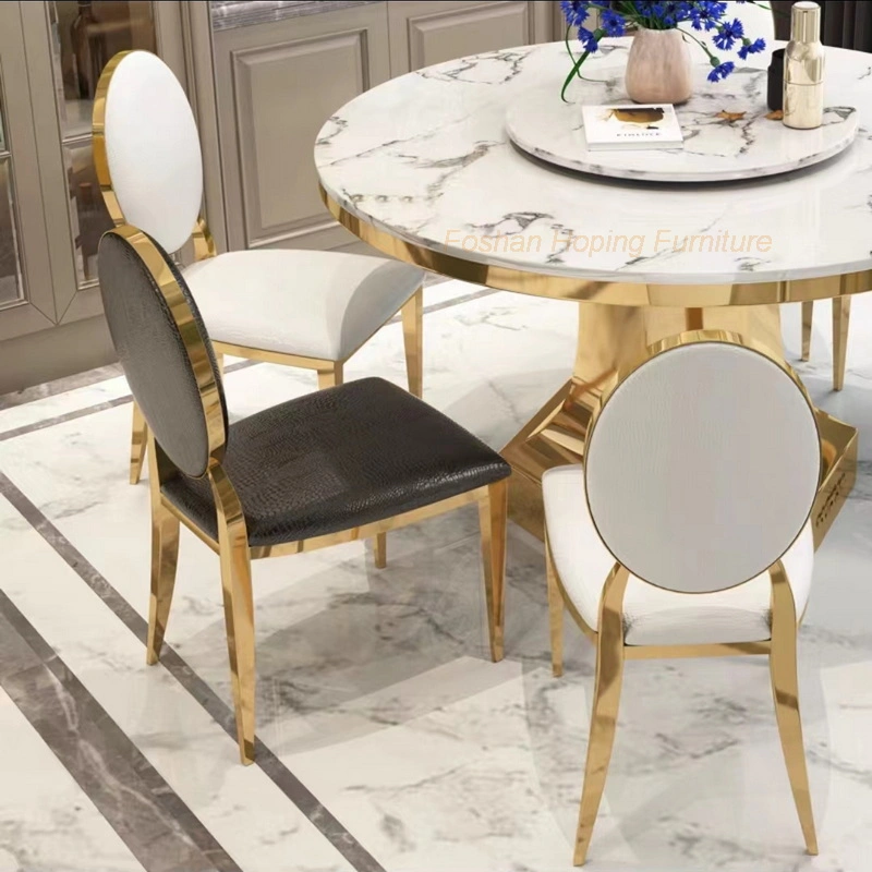 Classic Furniture Ball Circle Legs Restaurant Banquet Wedding Marble Dining Table Stainless Steel and Italian Grey Velvet Fabric Chairs