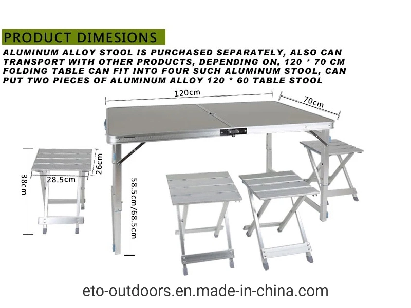 Folding Height Adjustable Aluminum Tube MDF Picnic Table, Portable Camping Collapsible Dining Table W/4PCS Foldable Chair Set