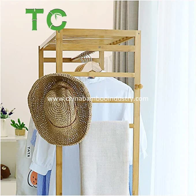 Multifunctional Bamboo Clothing Rack Wooden Garment Rack with Lockable Wheels and 4 Hooks