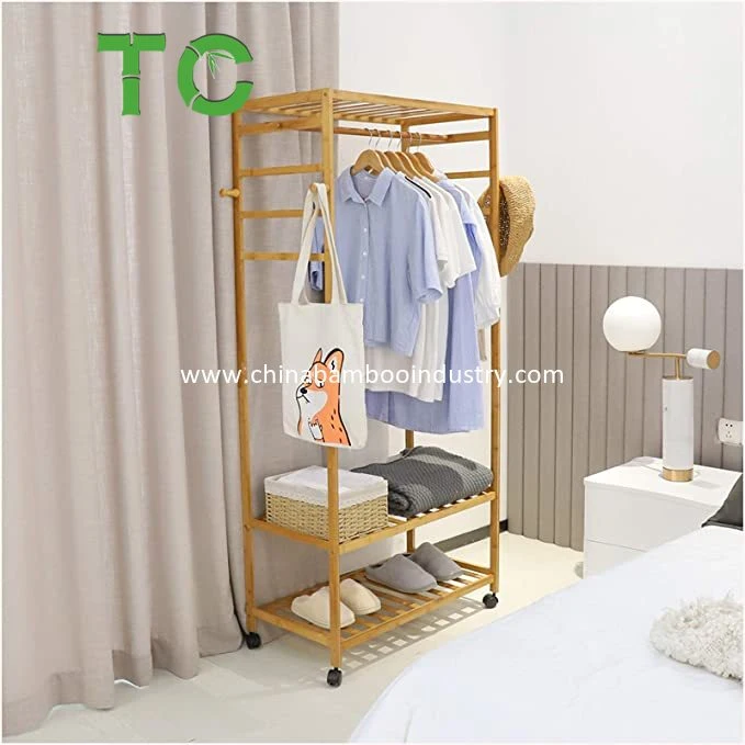 Multifunctional Bamboo Clothing Rack Wooden Garment Rack with Lockable Wheels and 4 Hooks