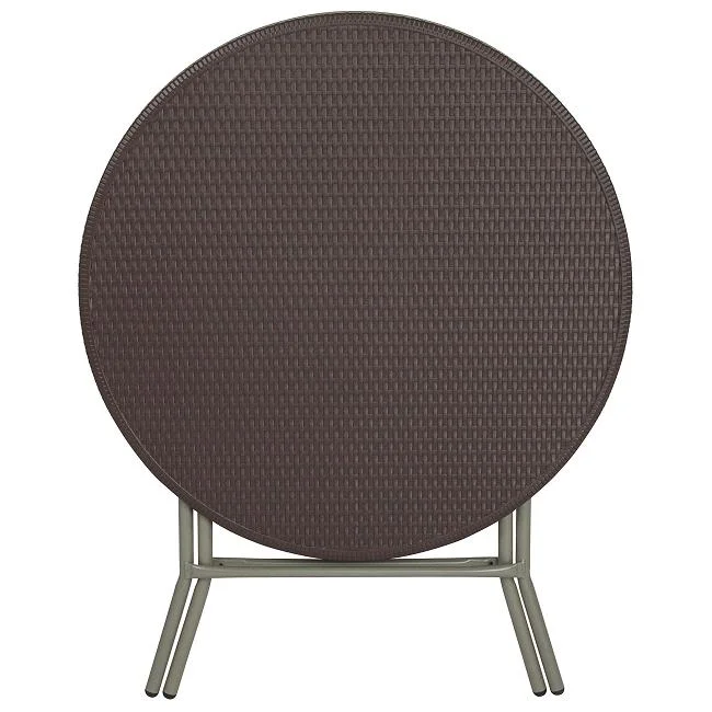 Brown Rattan Design Garden Leisure Portable HDPE Plastic Round Panel Folding Bar Table