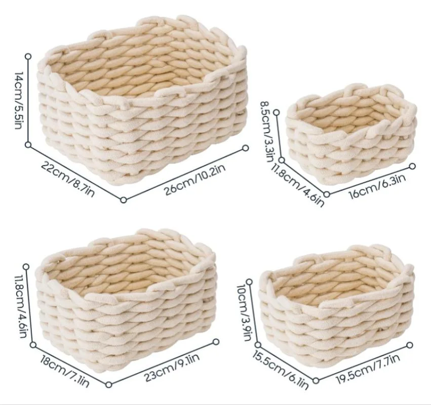 S/4 Storage Baskets Braided Cotton Rope Stackable Storage Bins Drawer for Shelf