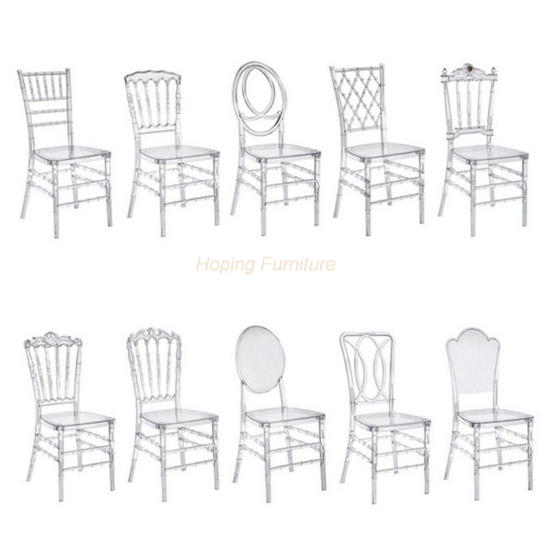 Hot Sale Customization Transparent Resin Acrylic Crystal Plastic Chiavari Tiffany Events Dining Chair Stackable Phoenix Wedding Furniture Chairs