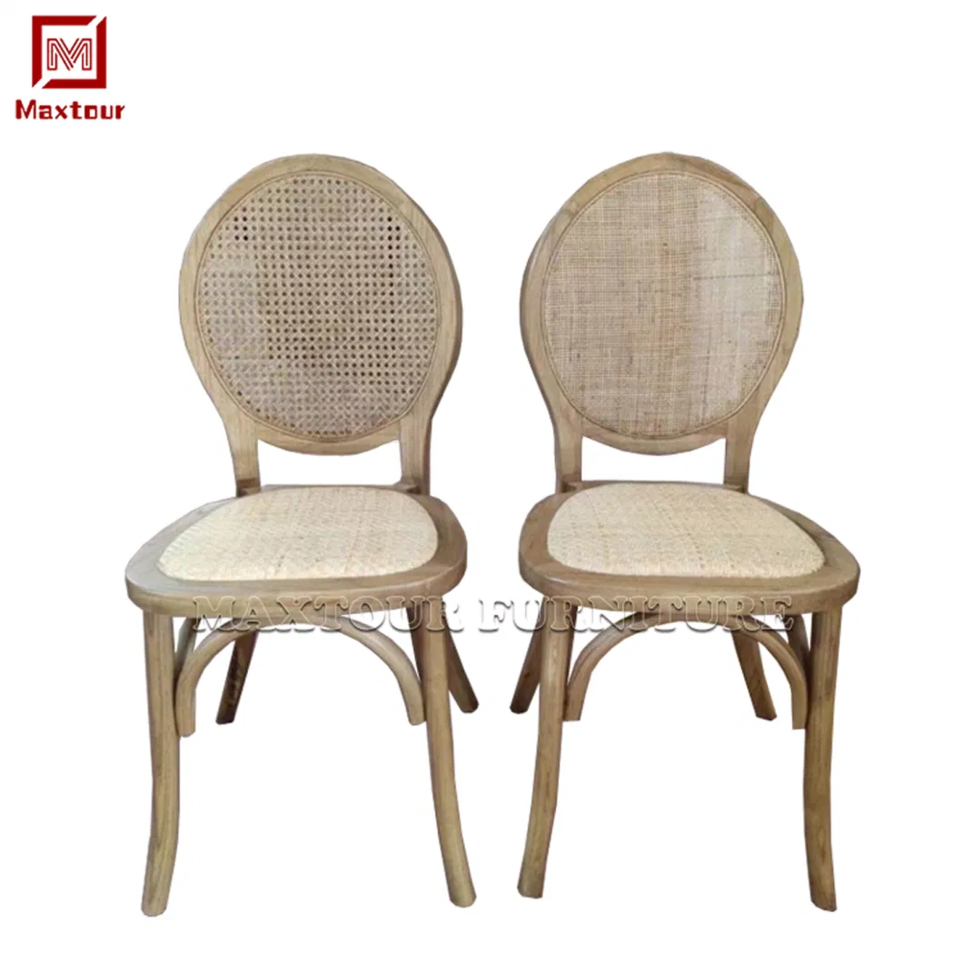 Vineyard-Style Wood Cane Wicker Rattan Weave Round Back Wooden Dining Chair for Home Office Villa Park Events Weddings