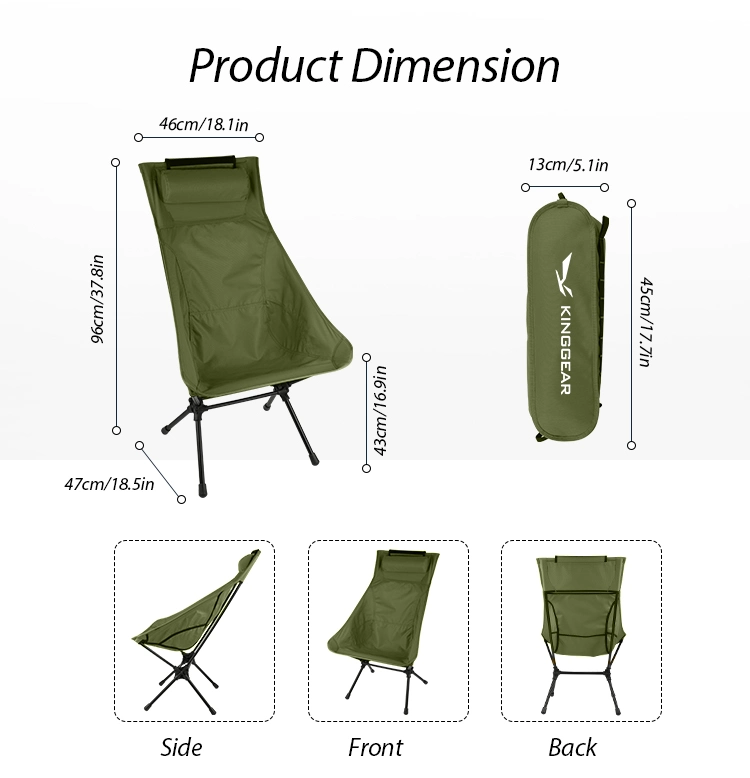 Kinggear Portable Outdoor Chairs Heavy Duty Portable Aluminum 7075 150kg High Back Foldable Backpacking Camping Relax Chair