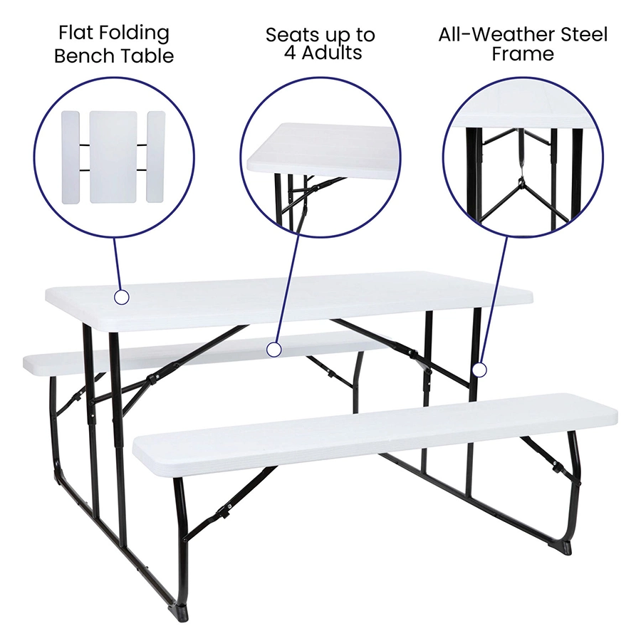 Heavy Duty Steel 4 Person Garden Leisure Dining Plastic Woodgrain Folding Table Set with Benches