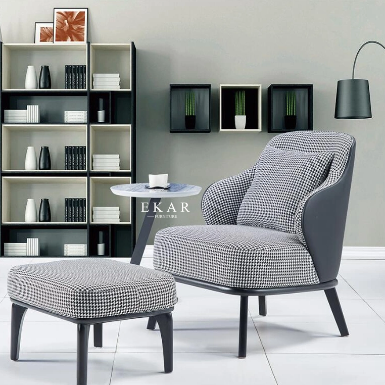 Modern Leisure Hard Leather and Fabric with Stainless Steel Legs and Foot Stool Armchair