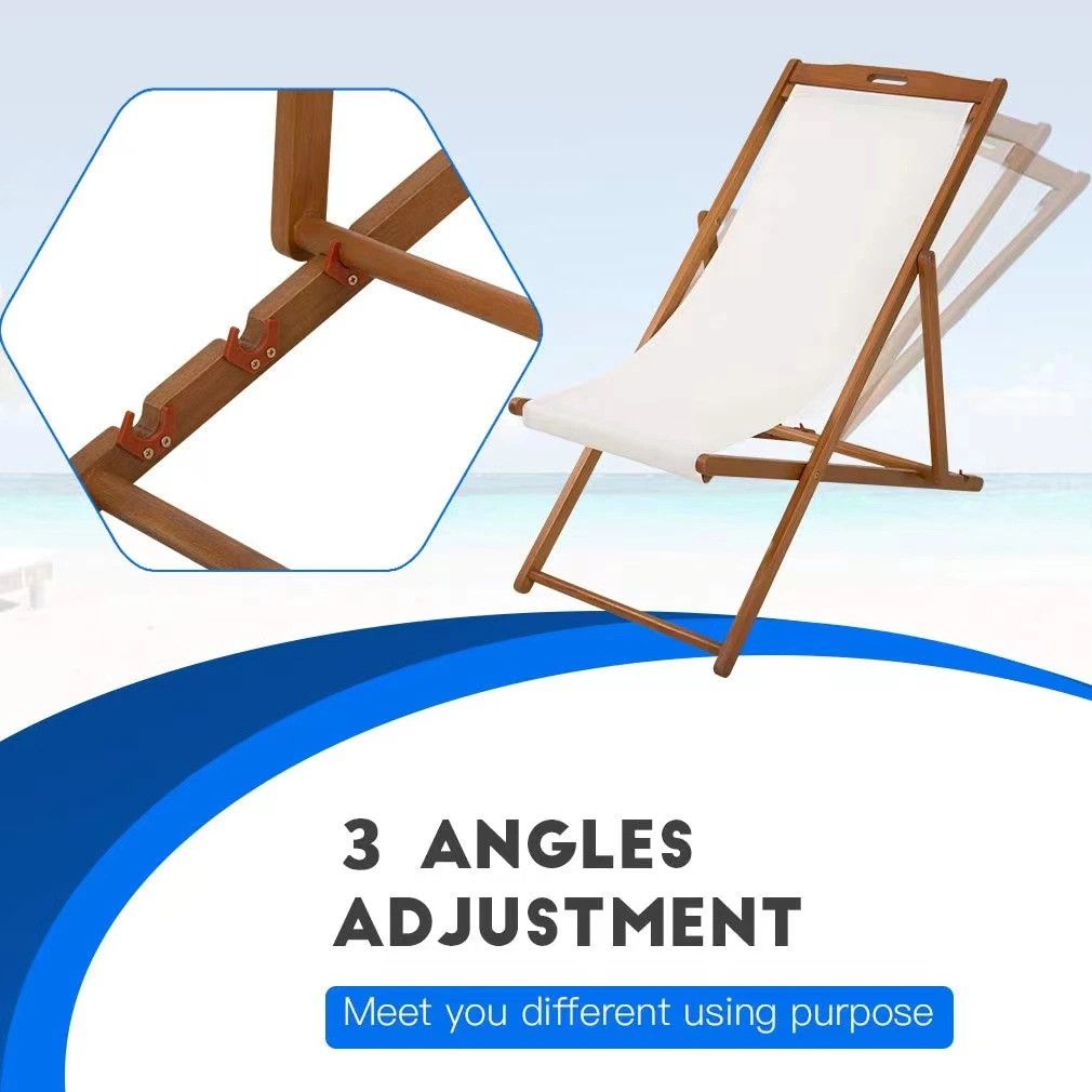 Patio Furniture Outdoor Wooden Adjustable Frame Sling Chair Patio Lounge Chair Folding Reclining Beach Chair with White Polyester