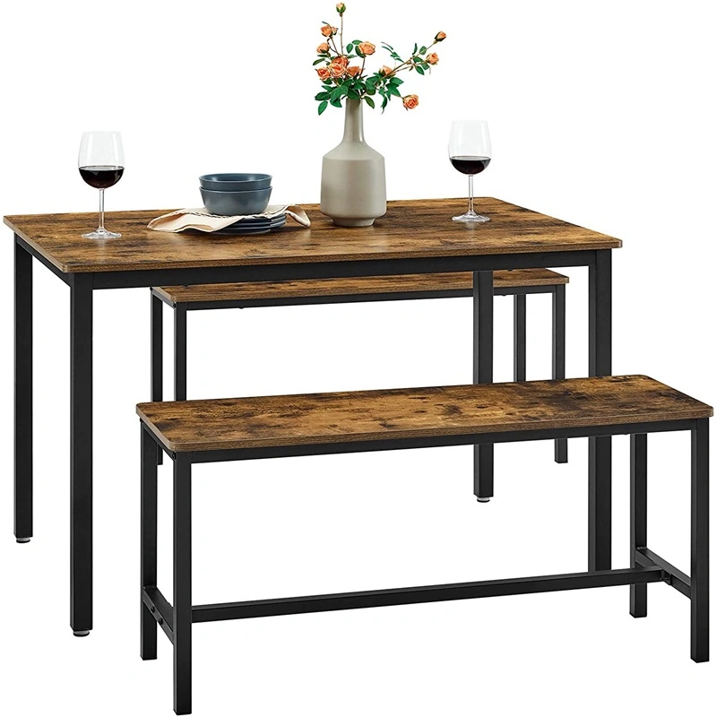 Dining Table Set Industrial Design Rustic Brown Black with 2 Benches