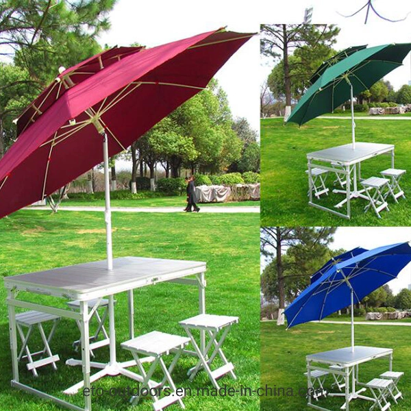 Folding Height Adjustable Aluminum Tube MDF Picnic Table, Portable Camping Collapsible Dining Table W/4PCS Foldable Chair Set