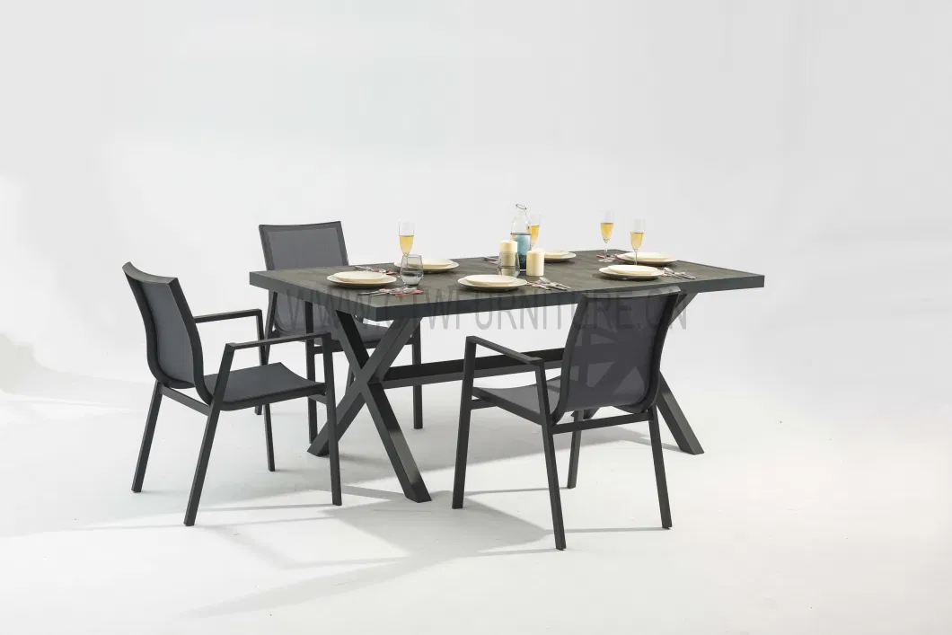 Hotel Restaurant Garden Patio Alu Table Sling Chair Aluminum Dining Table Set Metal Outdoor