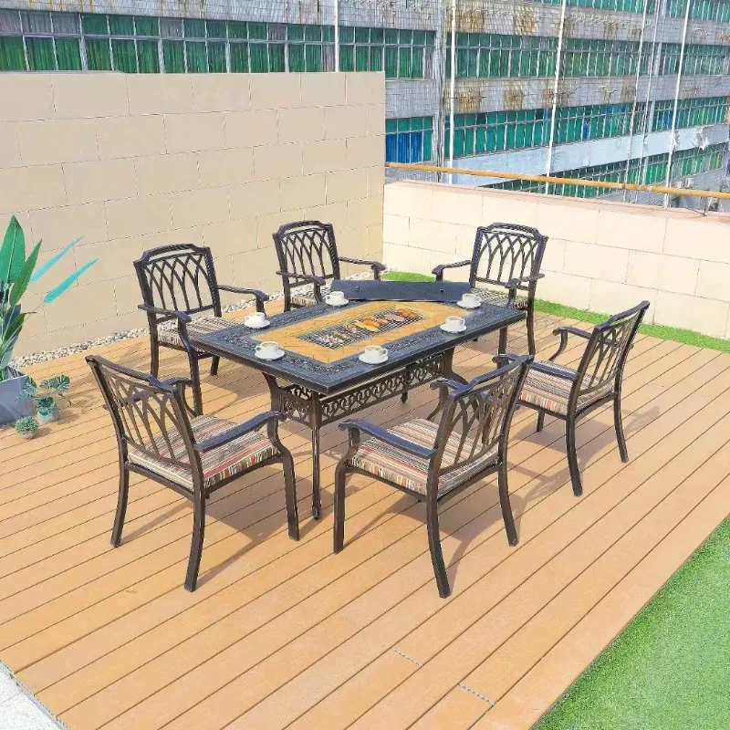 Marble Garden Set 6 Seater Furniture Outdoor Patio Aluminum Dining Table