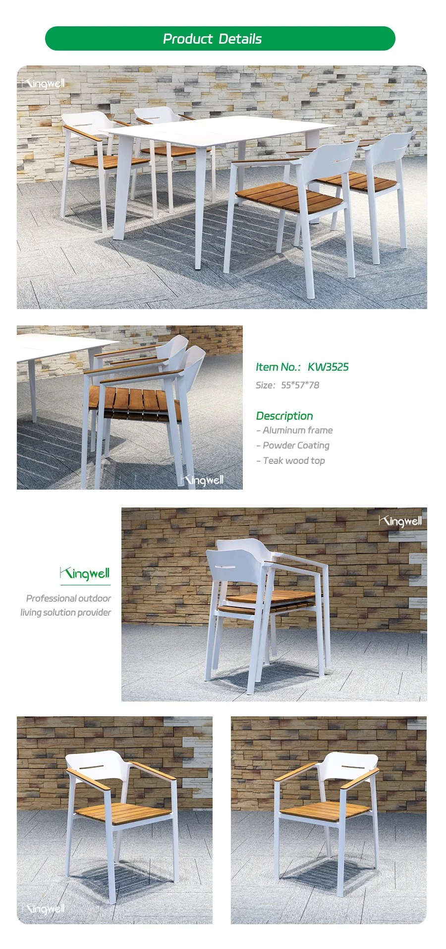 Outdoor Furniture Patio Aluminum Frame Teak Wood Dining Set Garden Chairs