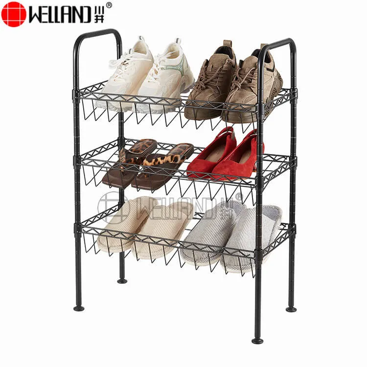 Stackable Sturdy 3 Tier Black Steel Wire Shoe Storage Racks for Entryway