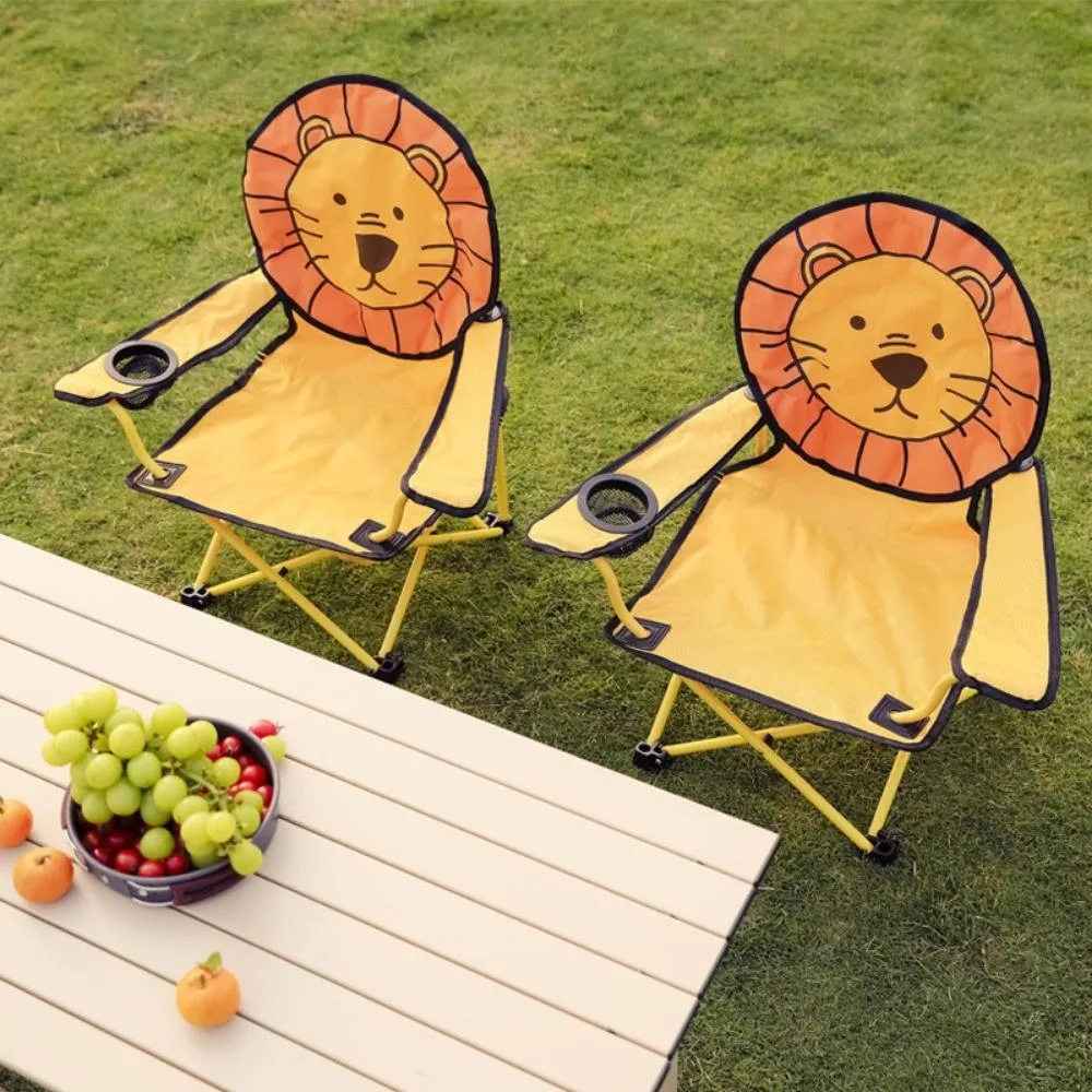 Cartoon Folding Chair with Cup Holder Children Camping Chairs Lion Puppy Design Armchair with Cup Holder Folding Seat with Armrest and High Back Bl19653