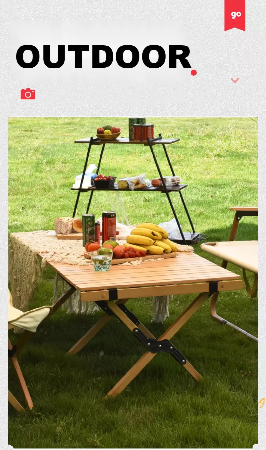 BBQ Portable Folding Roll Top Wood Camping Table