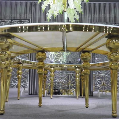 Comercio al por mayor Luxuary Golden usado de acero inoxidable mesas y sillas para banquetes